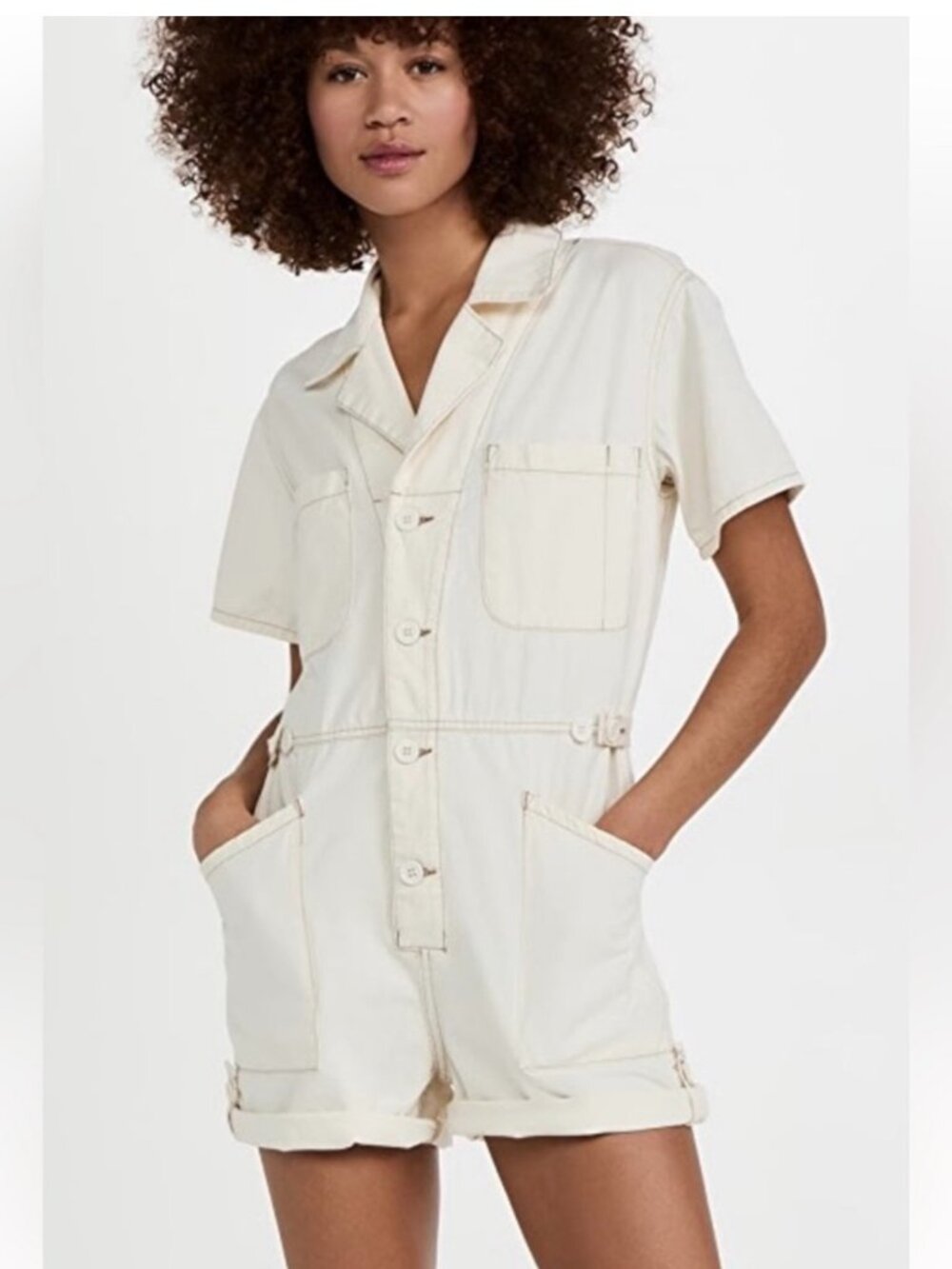 Pistola Parker Field Suit Denim Romper Ecru Cream Size M Utility Minimalist